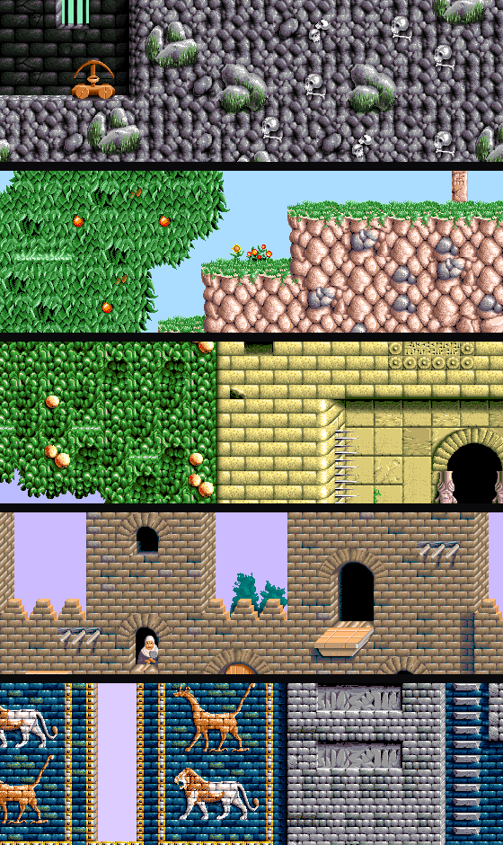 Five horizontal slices, one per level: the dungeon, the orchard, the holy gardens, the castle, and the blue lion-frieze walls