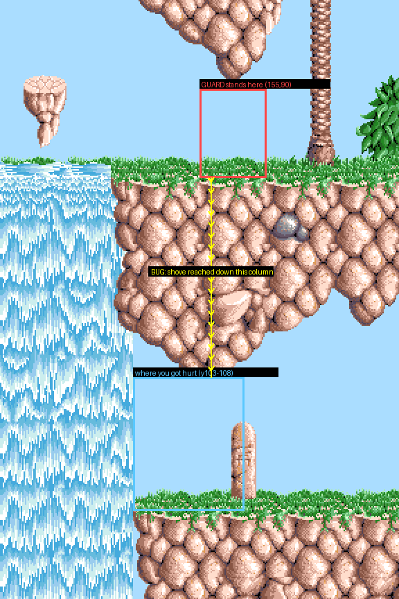 Two floors of the same column of level 2. The guard stands in a red box at tile (155,90) on a grass ledge by a palm tree; a yellow arrow runs straight down through solid rock to a corridor at y103 to 108, where the player was being hurt