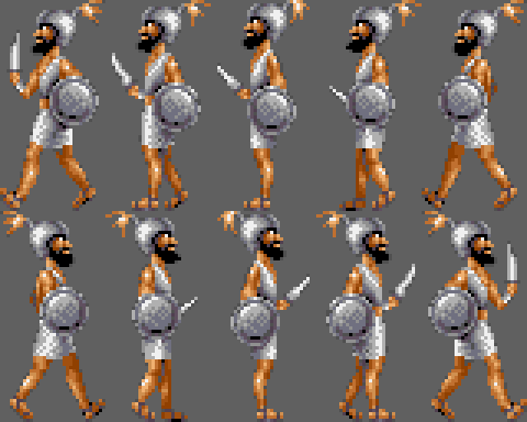 The doorman guard from the 1993 sprite sheet, spear and shield, in both facing directions