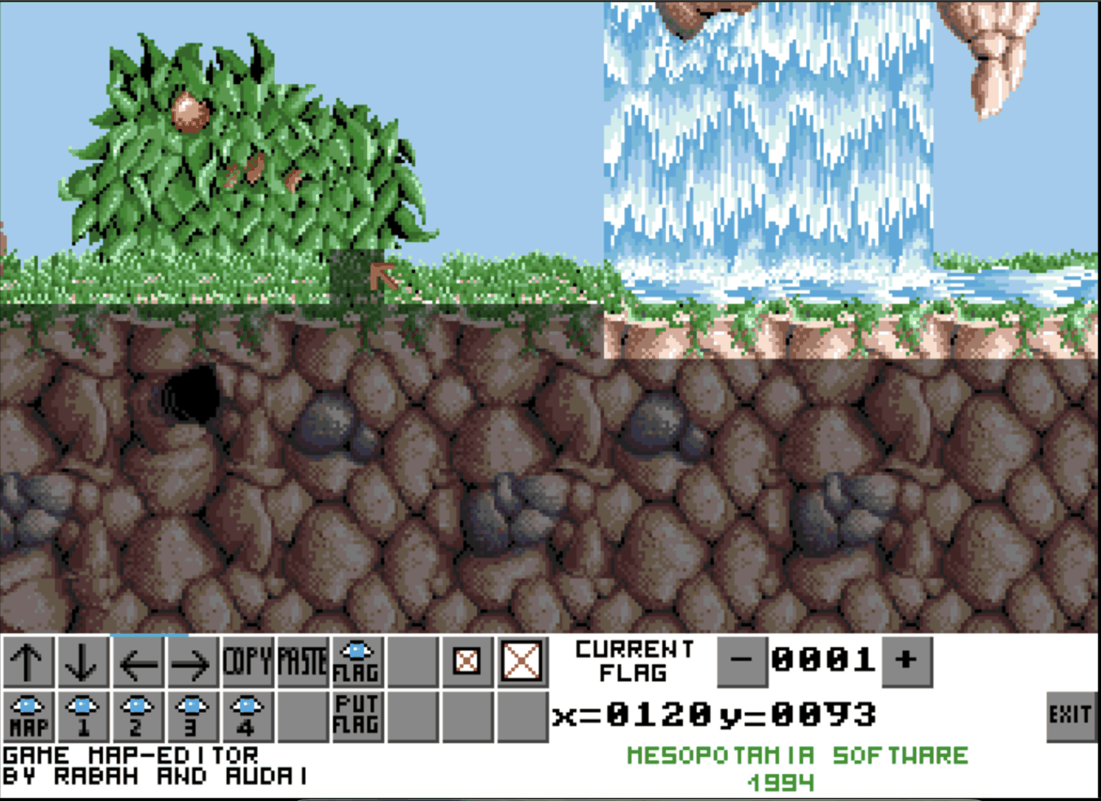 My 1993 map editor running in 2026, editing the real Level 2, with flag 1 (solid) selected: the waterfall scene with the solid ground marked by the flag view and the CURRENT FLAG counter reading 0001