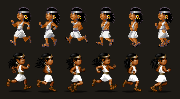 The same twin's six-frame run cycle: the 1993 Amiga pixels above, the 2026 high-resolution art below