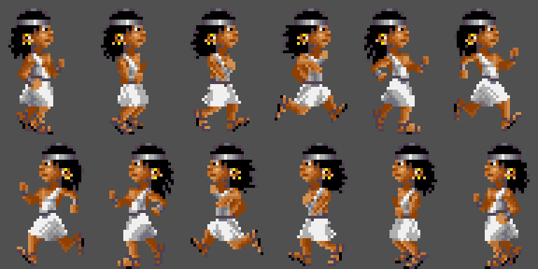 The decoded 1993 sprite sheet: two stacked rows of the same six-frame run, one row per facing direction